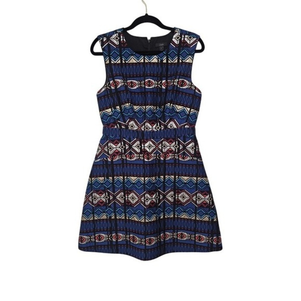 J. Crew Fit and Flare Dress 6 Blue Geometric Metallic Ikat Party Modern Boho ~